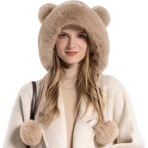 Women Khaki 2Winter Sherpa Beanie Hats Knit Ear Flaps Peruvian Cover Ears